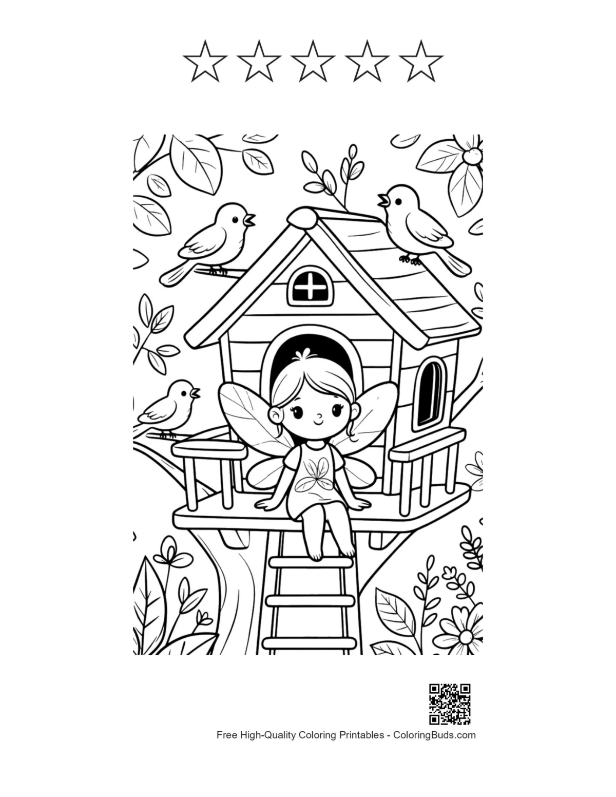 Balcony fairy birds printable 5 star outlines coloring