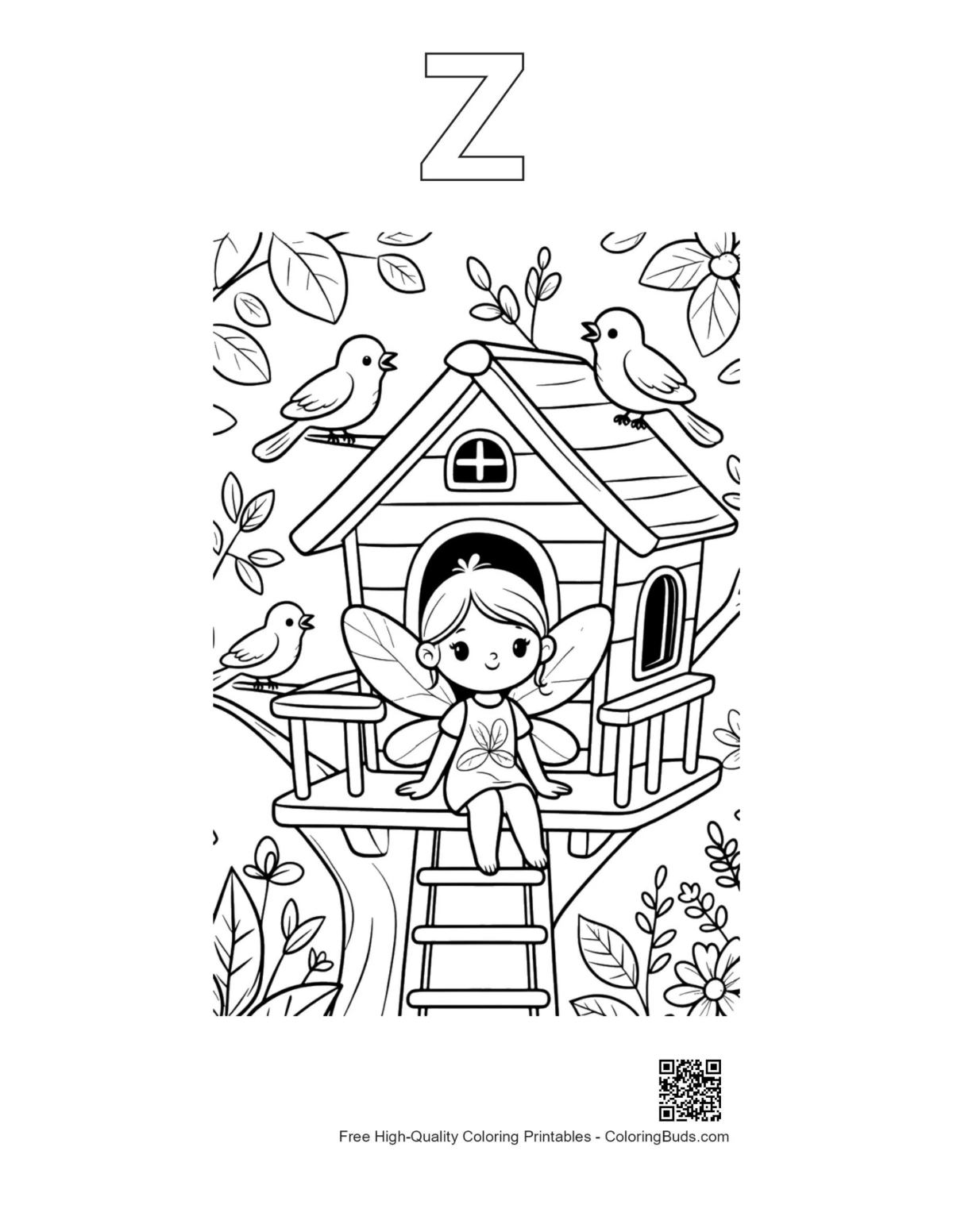 Outline alphabet Z garden fairy watching birds printable