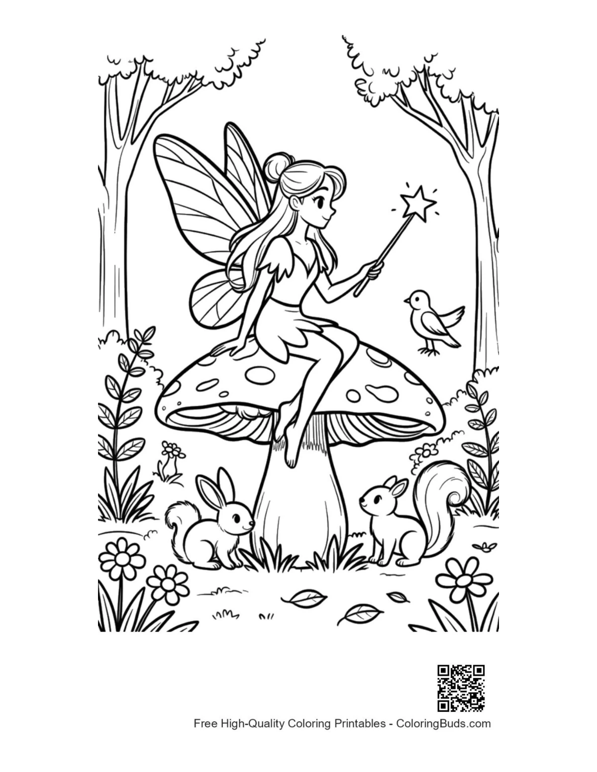 Magical garden fairy on spotted mushroom coloring page