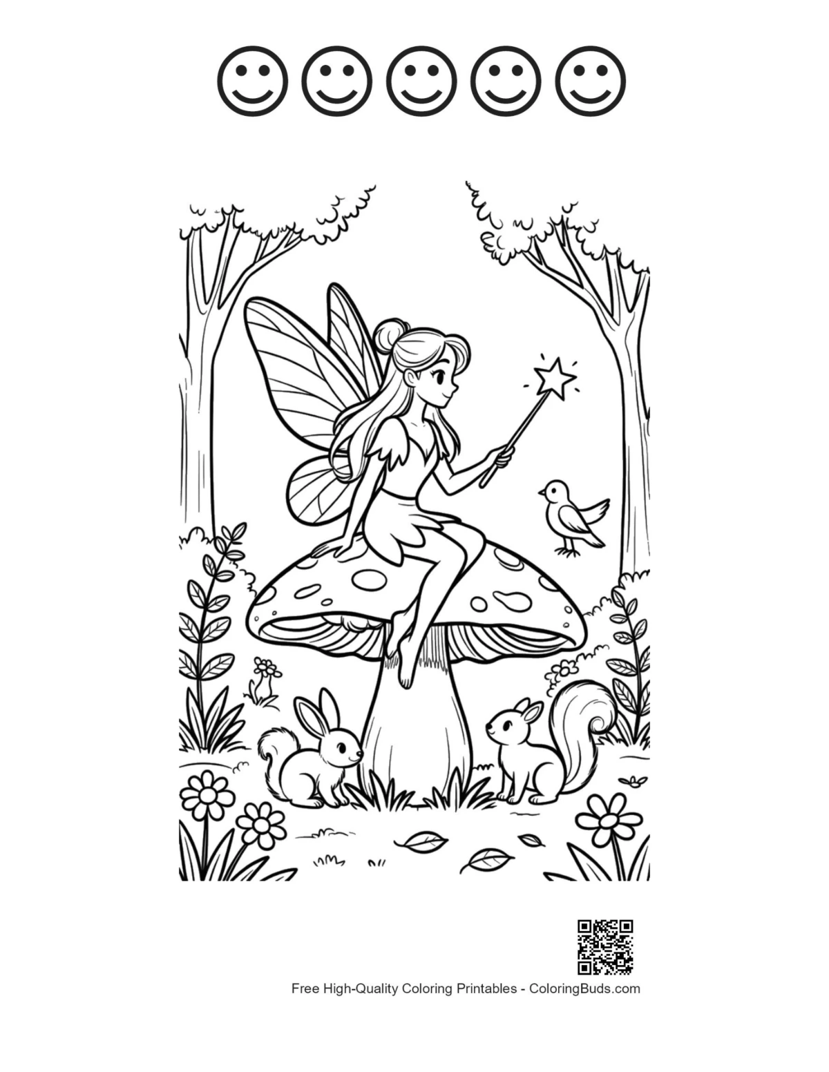 Garden fairy with 5 happy face outlines printable