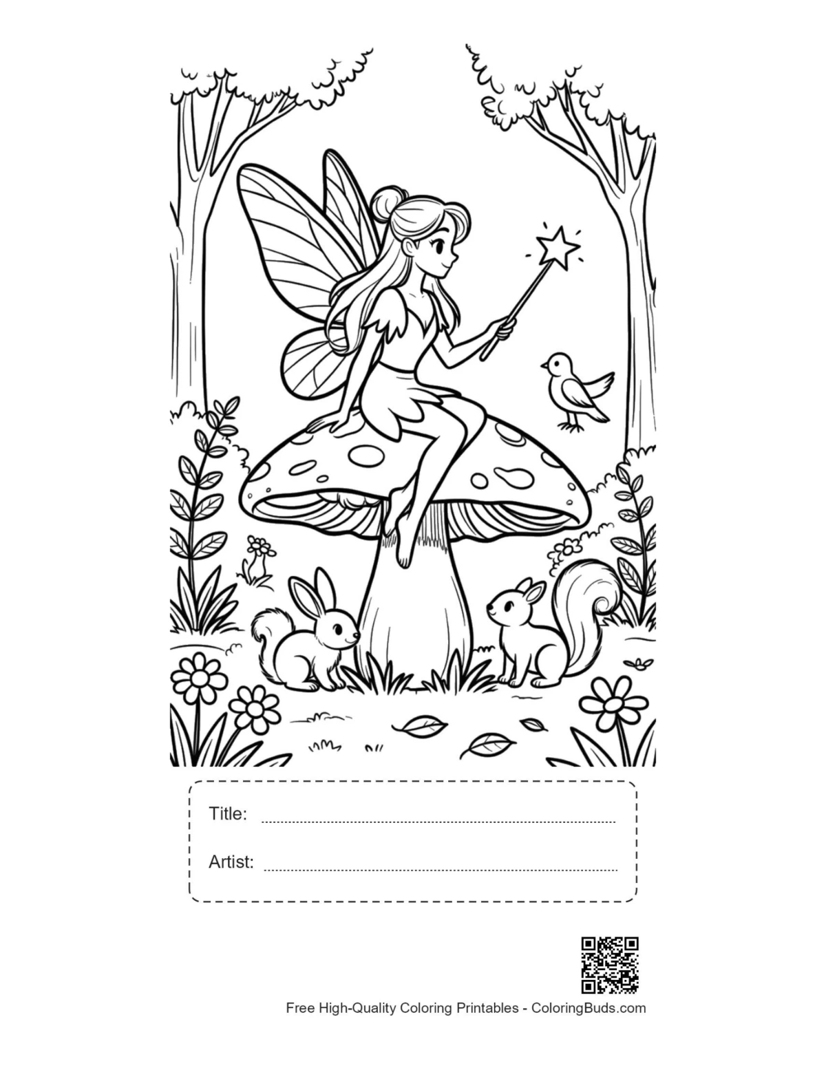 Garden fairy printable with title and artist box