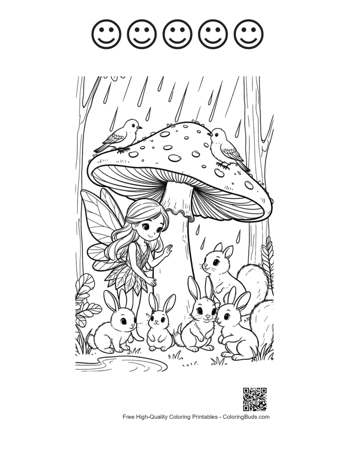 Rainy day fairy with 5 happy faces outline printable