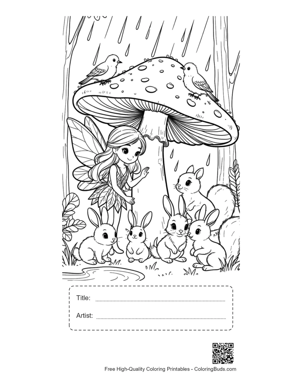 Printable Garden Fairy with title box under mushroom