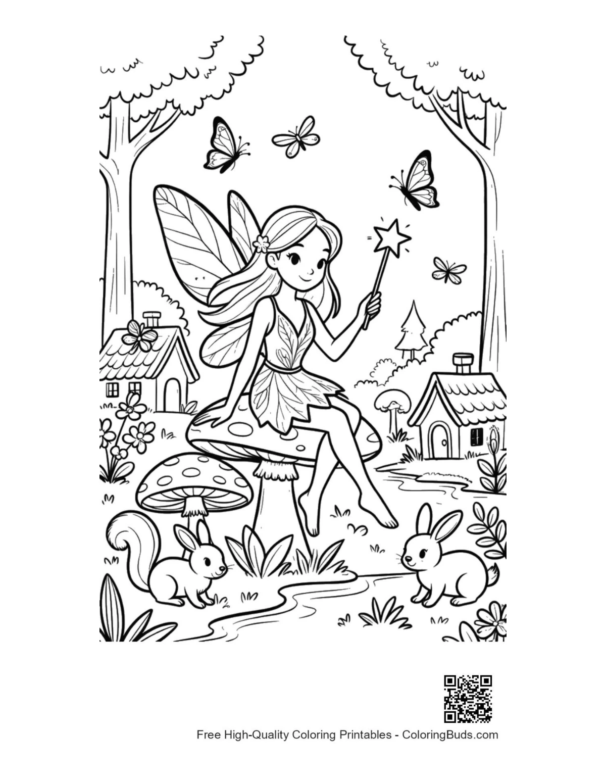 Garden fairy in mystical forest printable coloring page