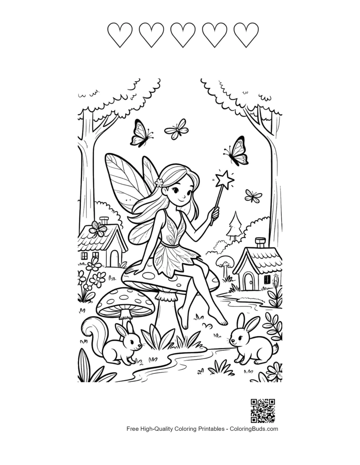 Garden fairy printable featuring 5 heart outlines