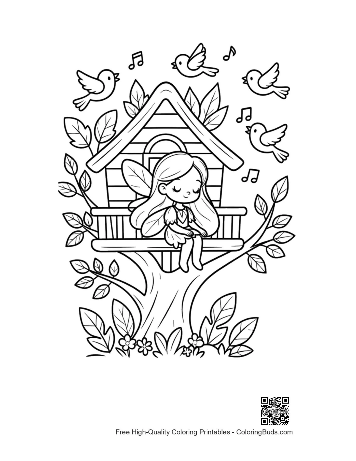 Sweet little fairy on tree branch coloring page