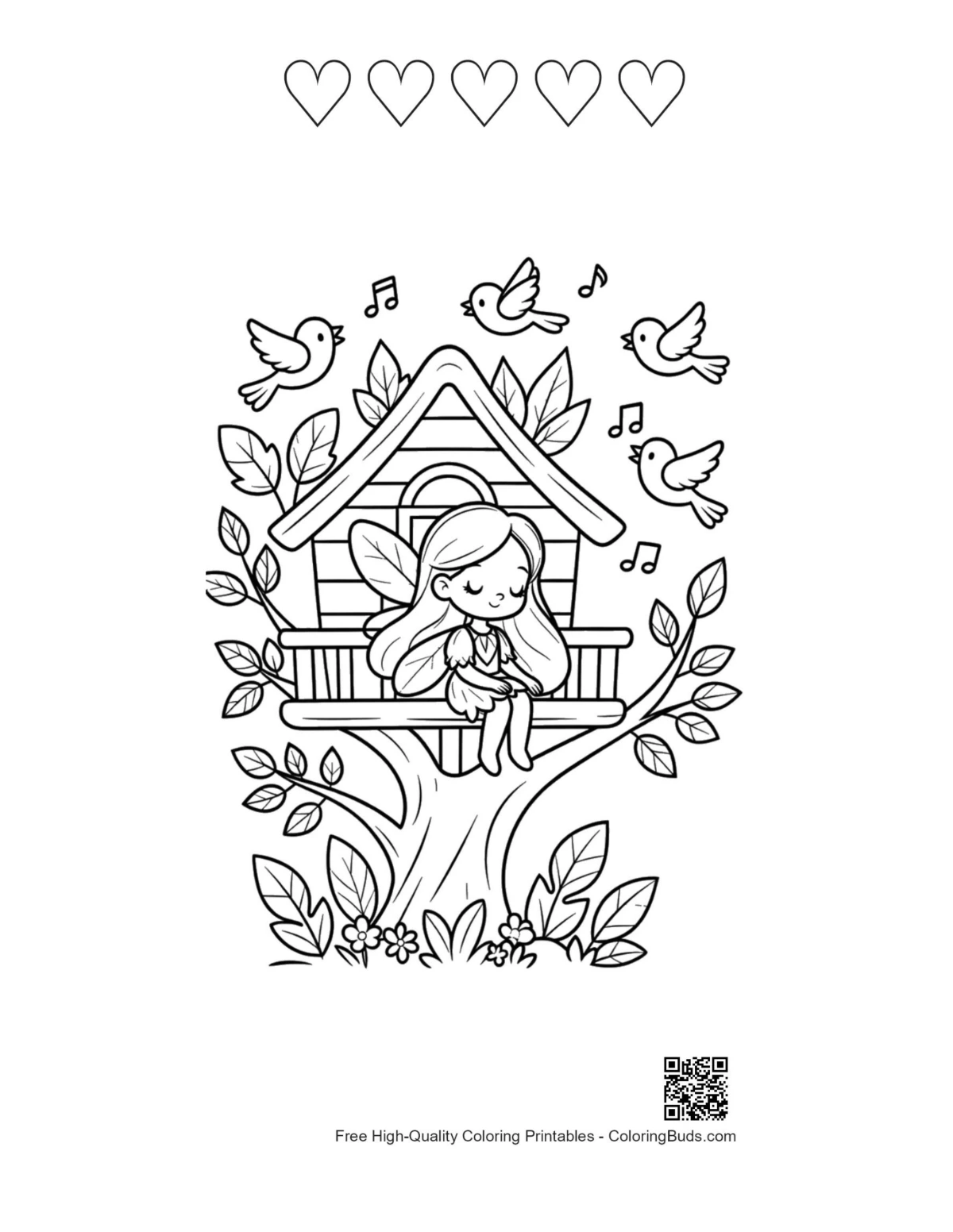Fairy on branch printable with 5 hearts