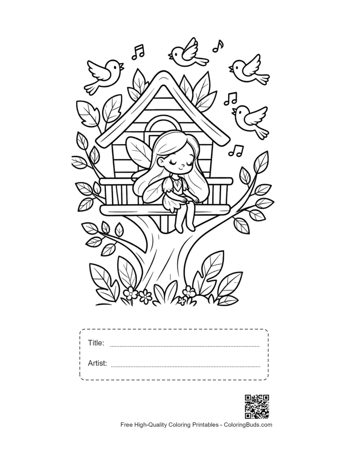 Fairy on tree branch printable with title box
