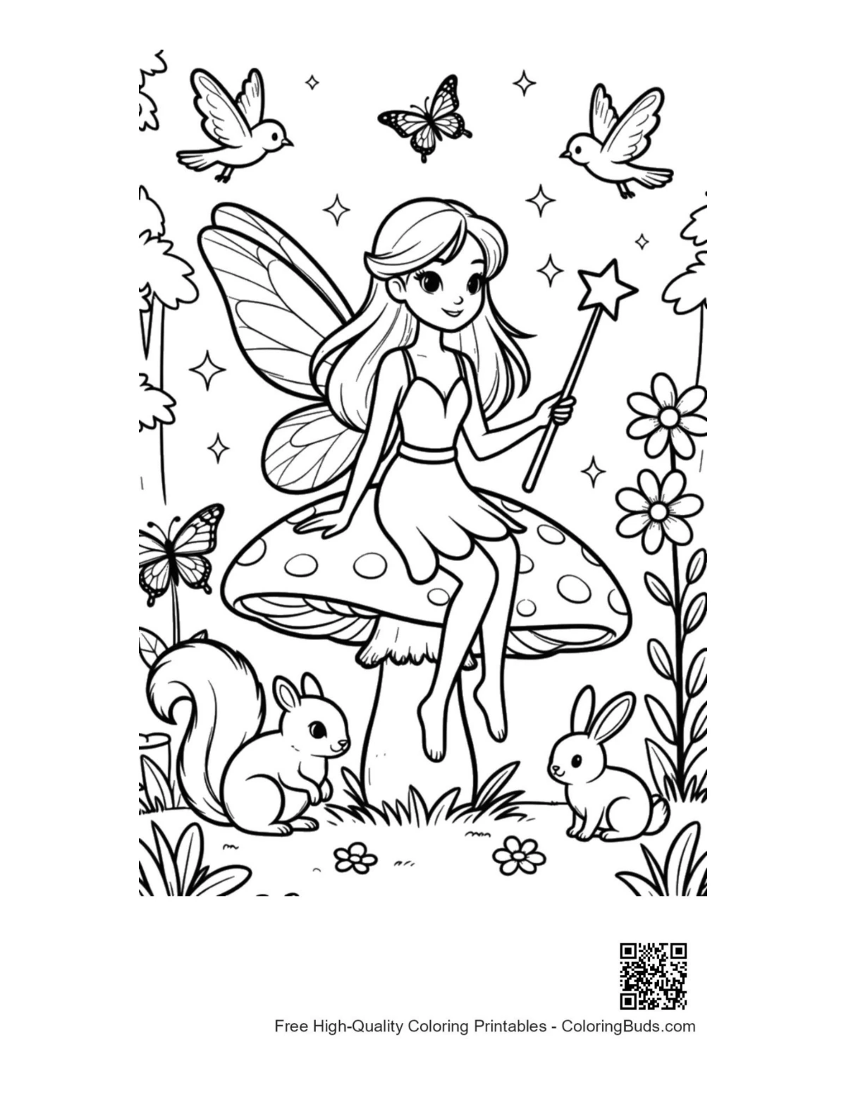 Garden fairy coloring page with bunnies