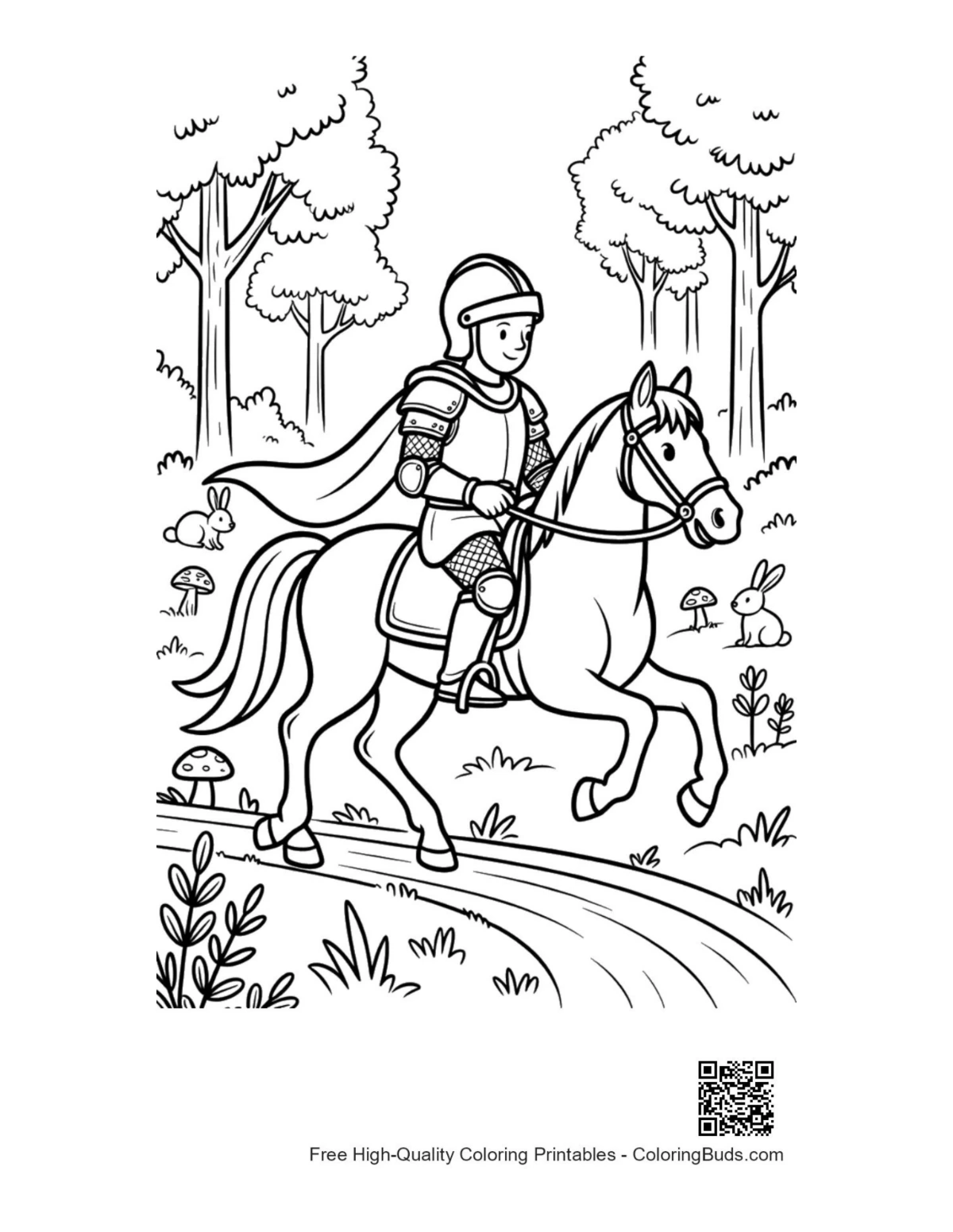 Brave knight riding stallion past forest trees coloring printable