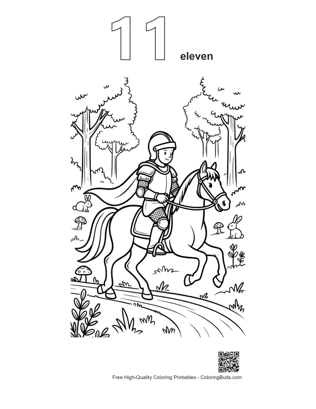 Brave knight stallion forest outline number 11 printable
