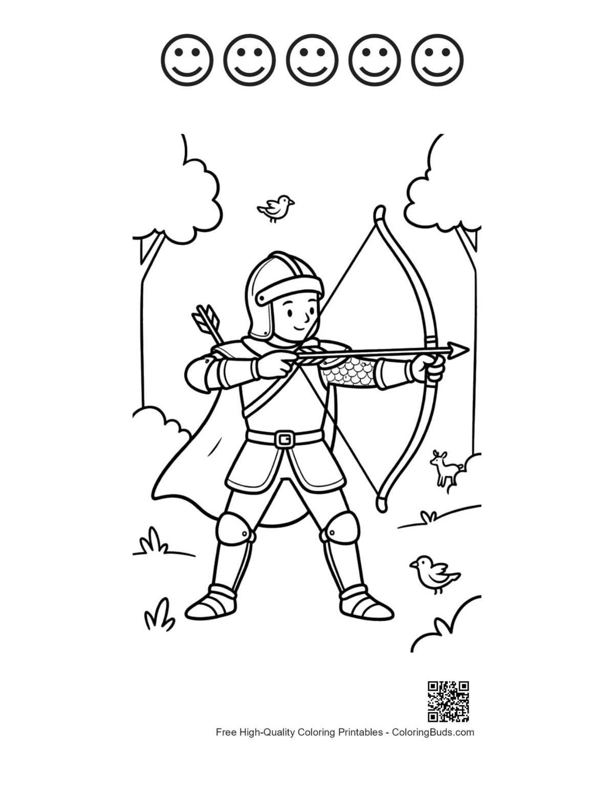 Printable knight page with 5 happy faces for children