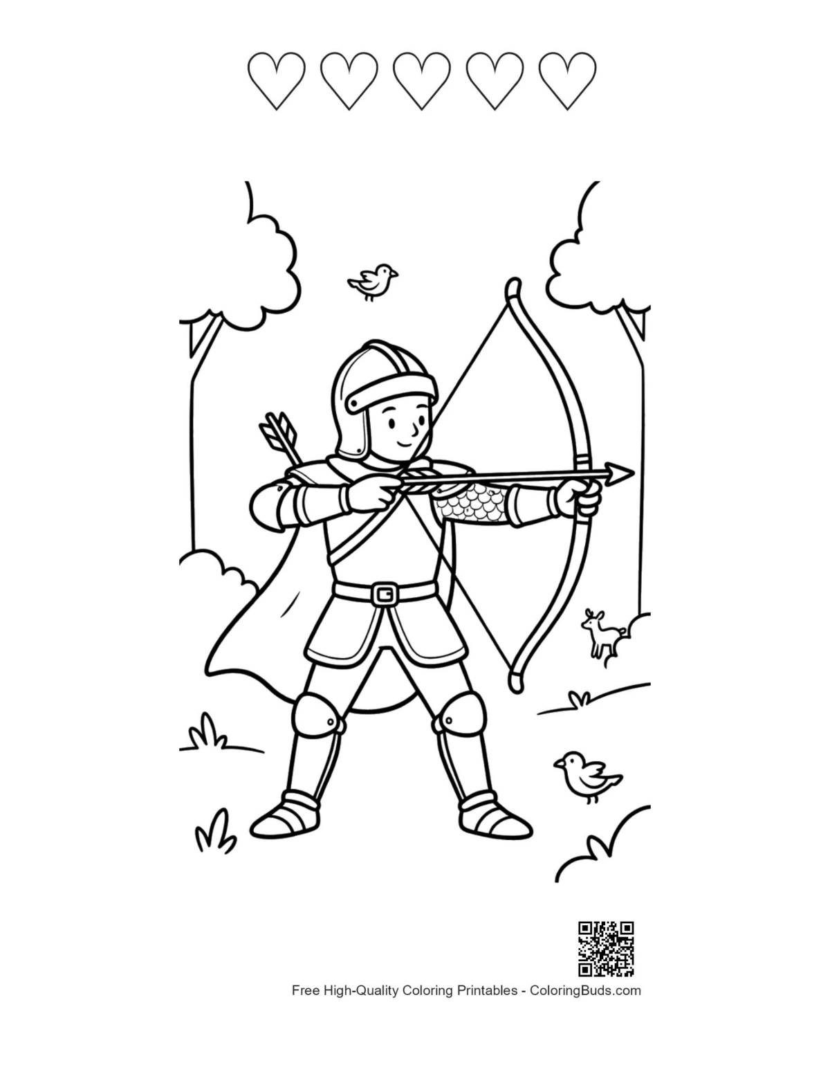 Free kids medieval knight with heart outlines
