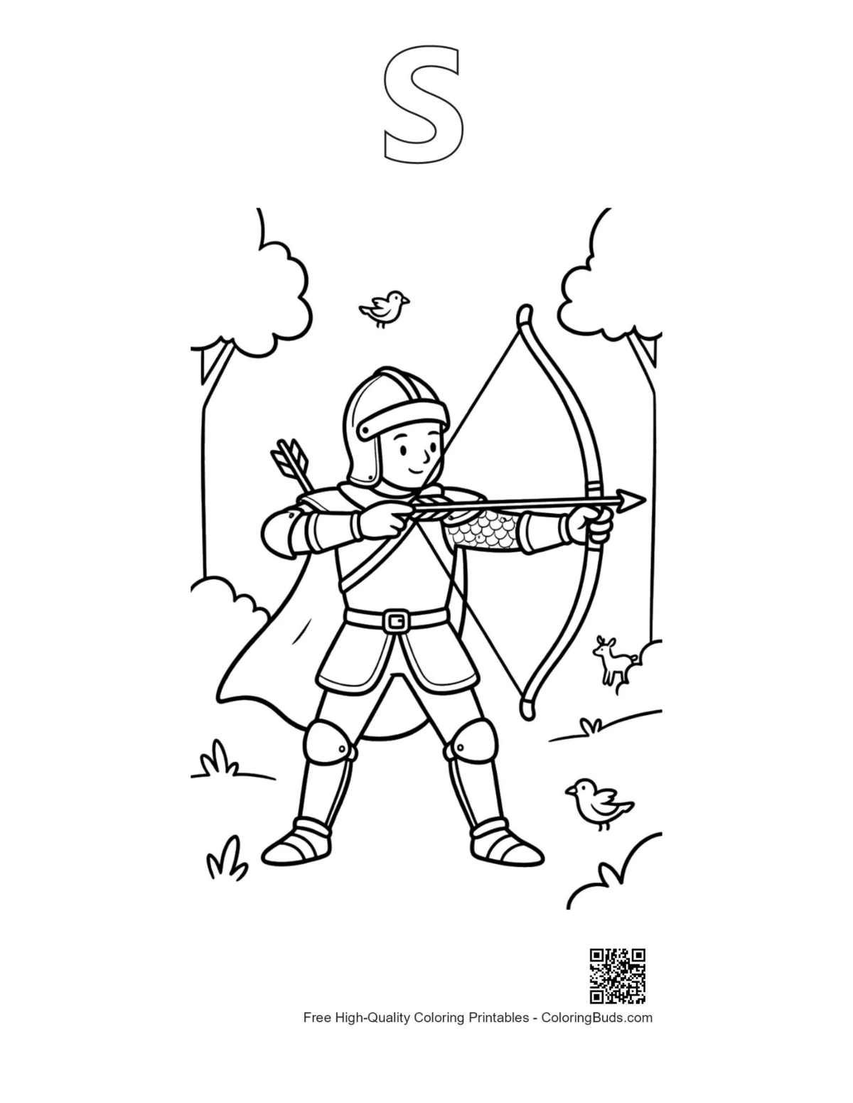 Medieval knight coloring page with alphabet S outline