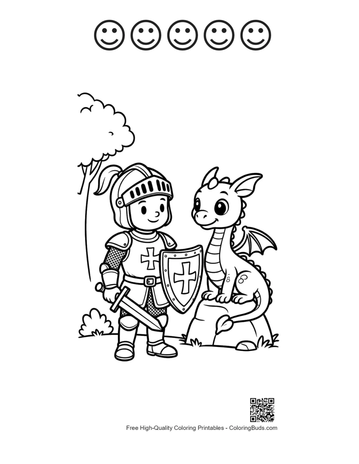 Knight coloring sheet with five happy faces