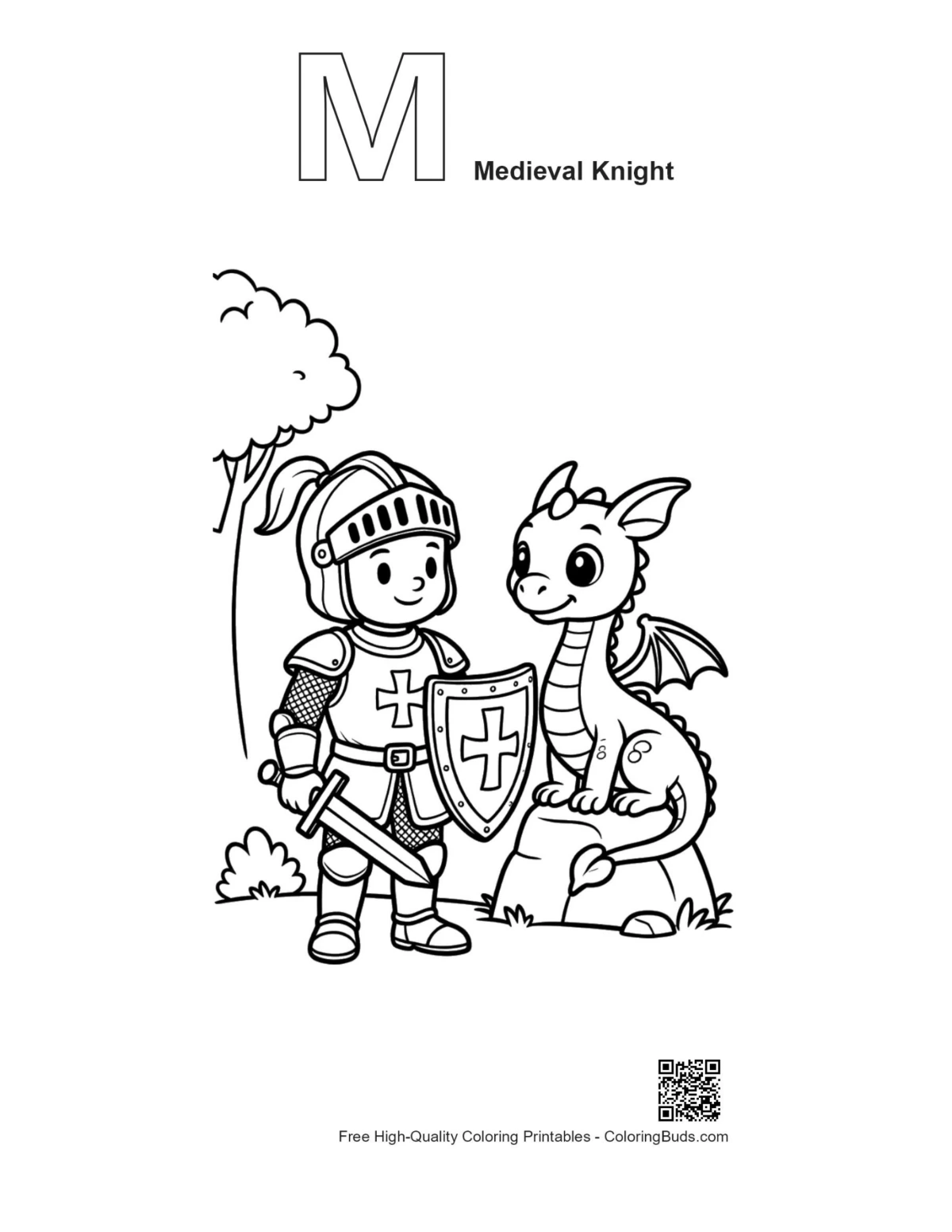 Medieval knight coloring page with M alphabet outline