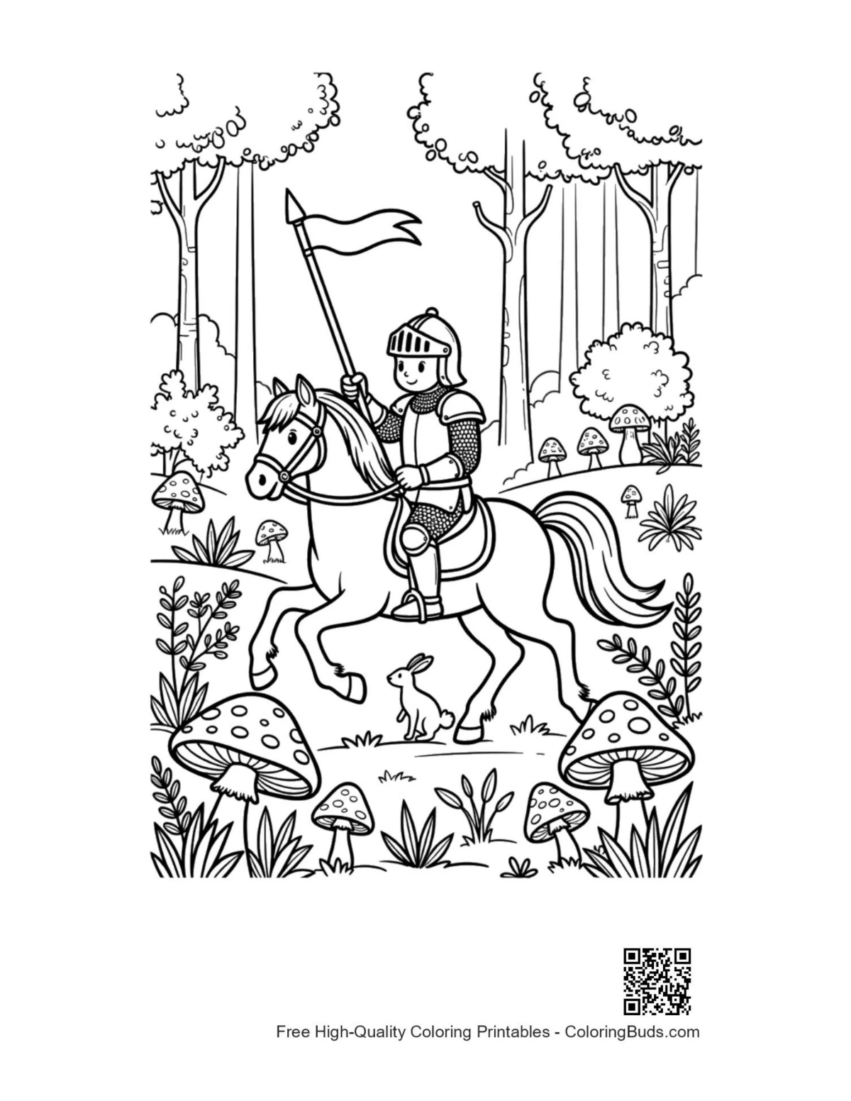 Galloping knight horse magical woods printable coloring page