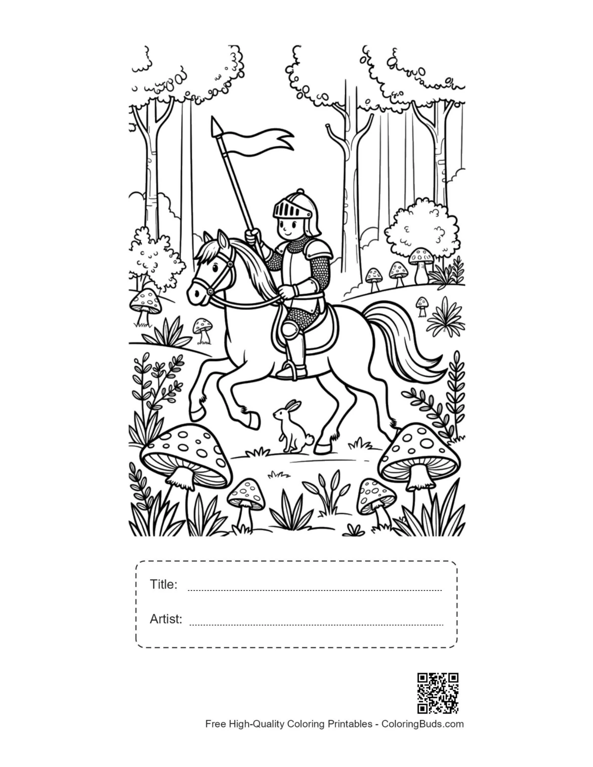Galloping knight printable with title artist box coloring page