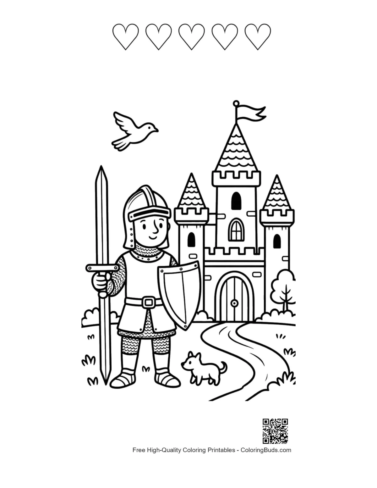 Heroic knight palace printable with 5 heart outlines