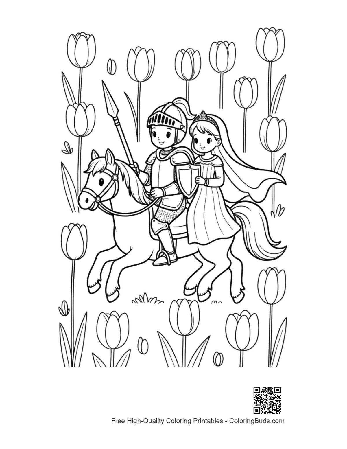 Little knight princess pony flower field coloring printable