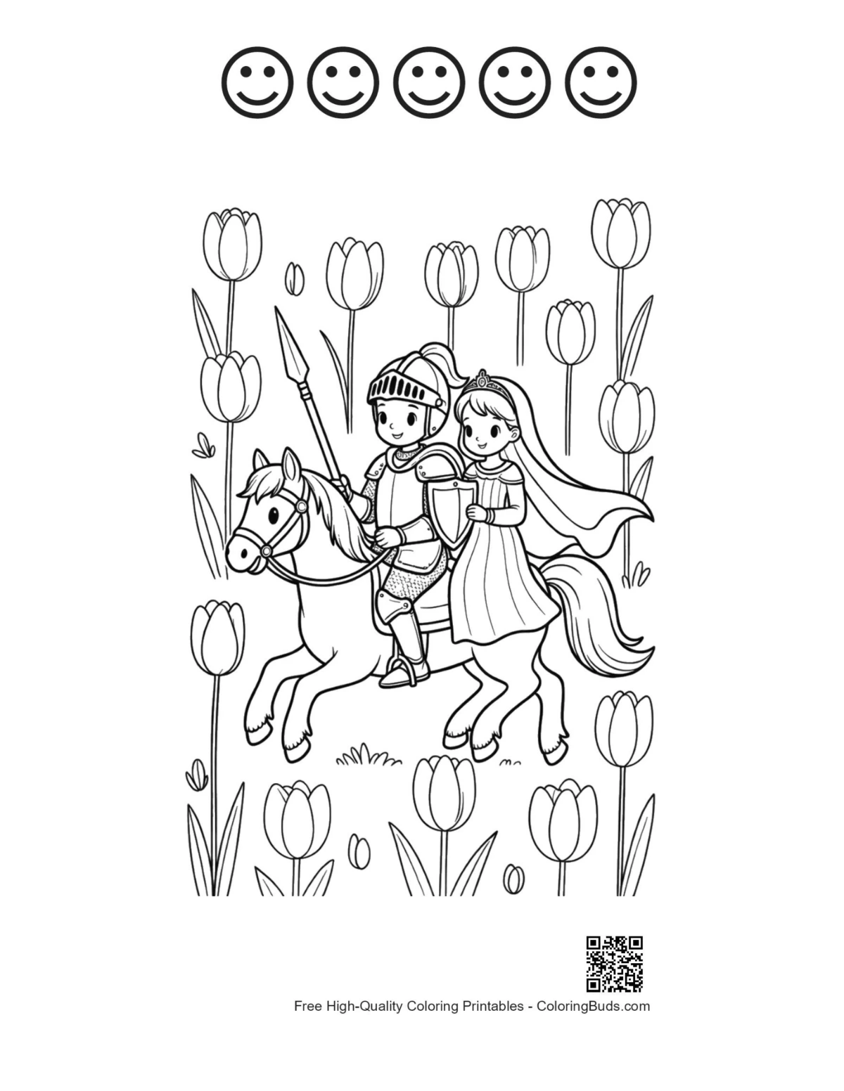 Happy faces outline: knight princess pony flowers