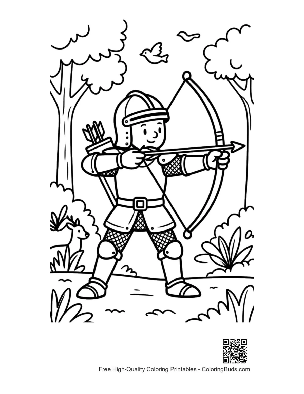 Medieval boy archer practicing in woods printable