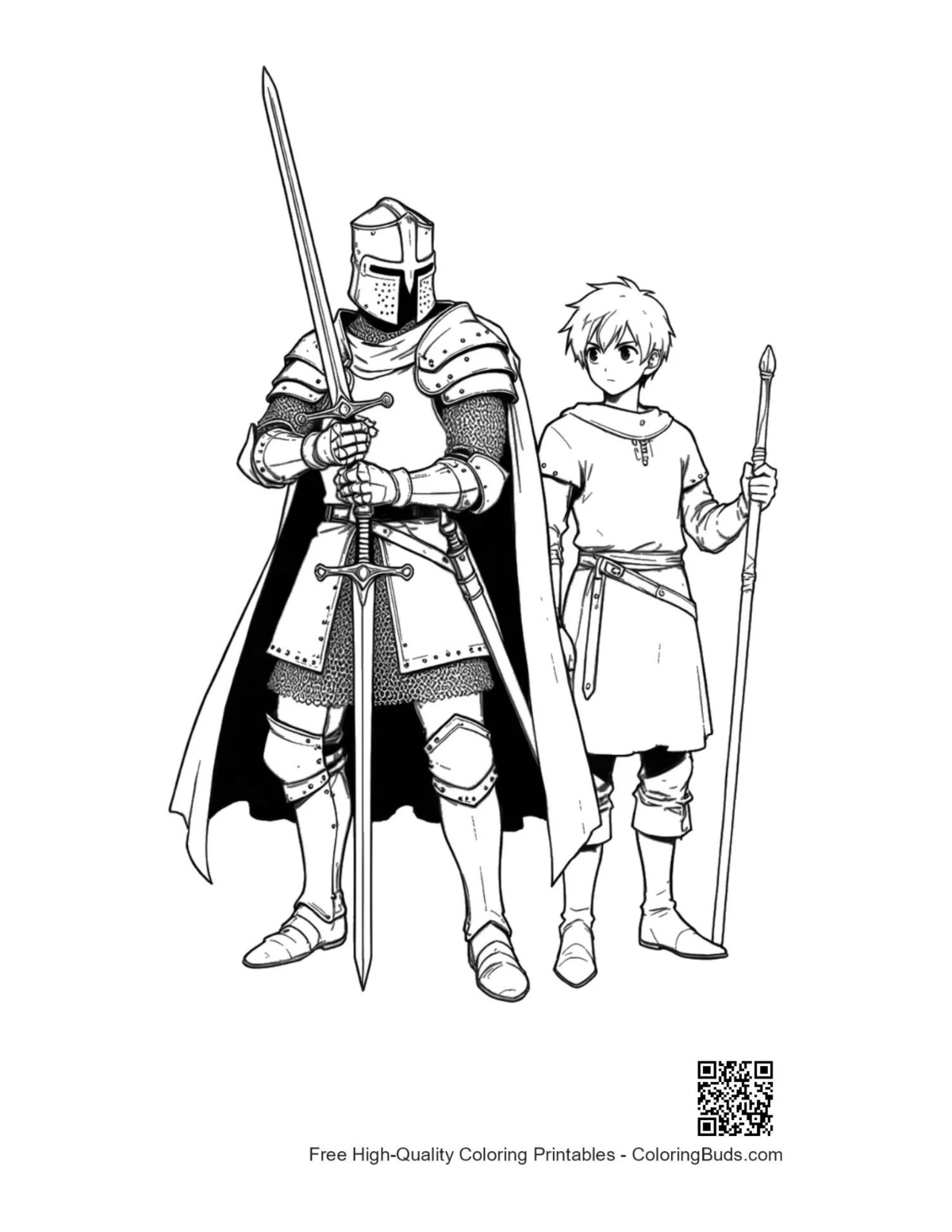 Medieval knight and young squire outline drawing