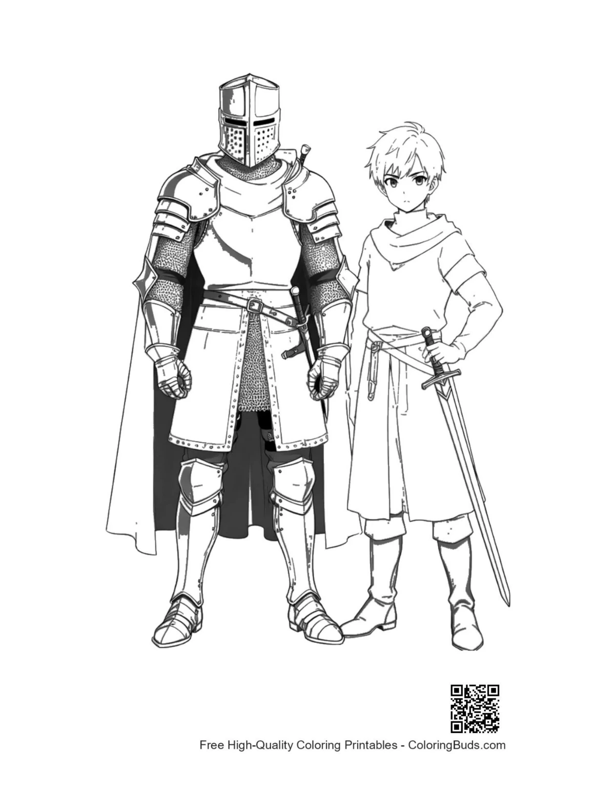 Brave medieval knight with young squire illustration