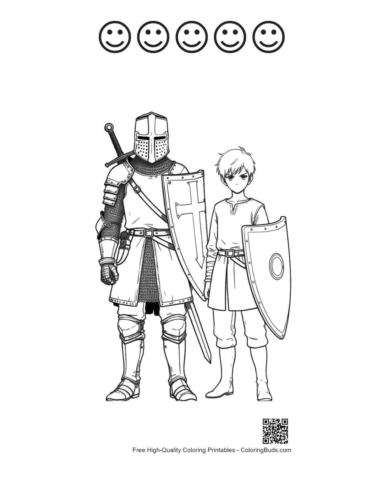 Coloring printable of knight with happy face outlines