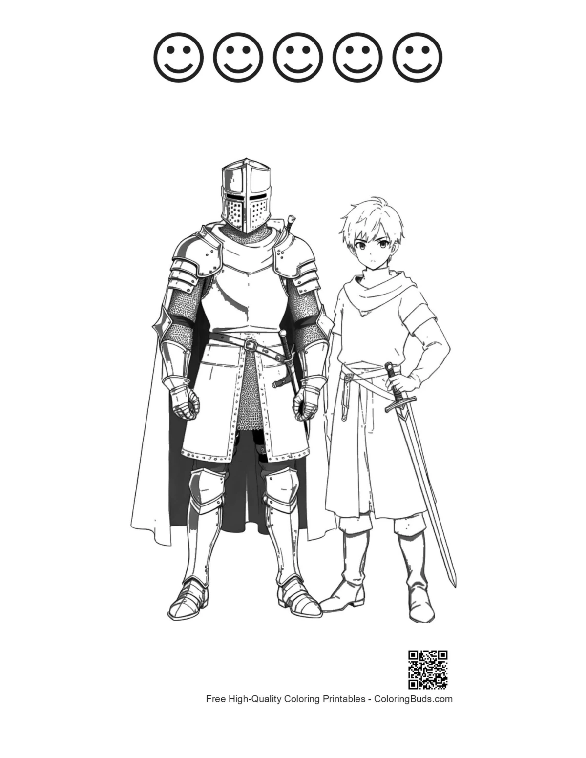 Printable knight and squire with happy face outlines