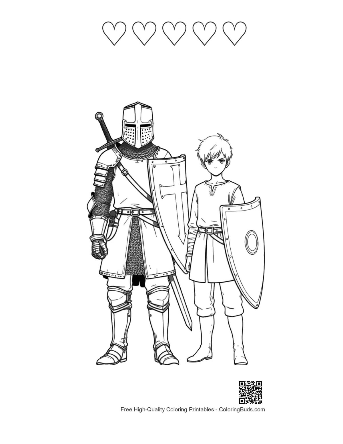 Medieval knight printable featuring heart outlines