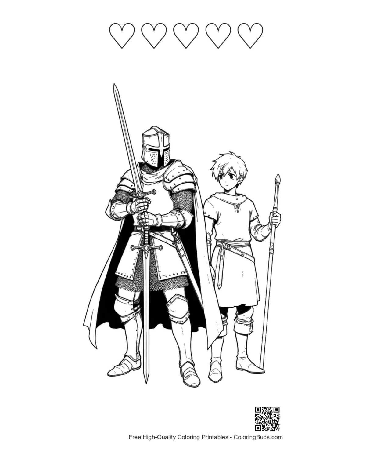 Medieval knight squire with heart borders