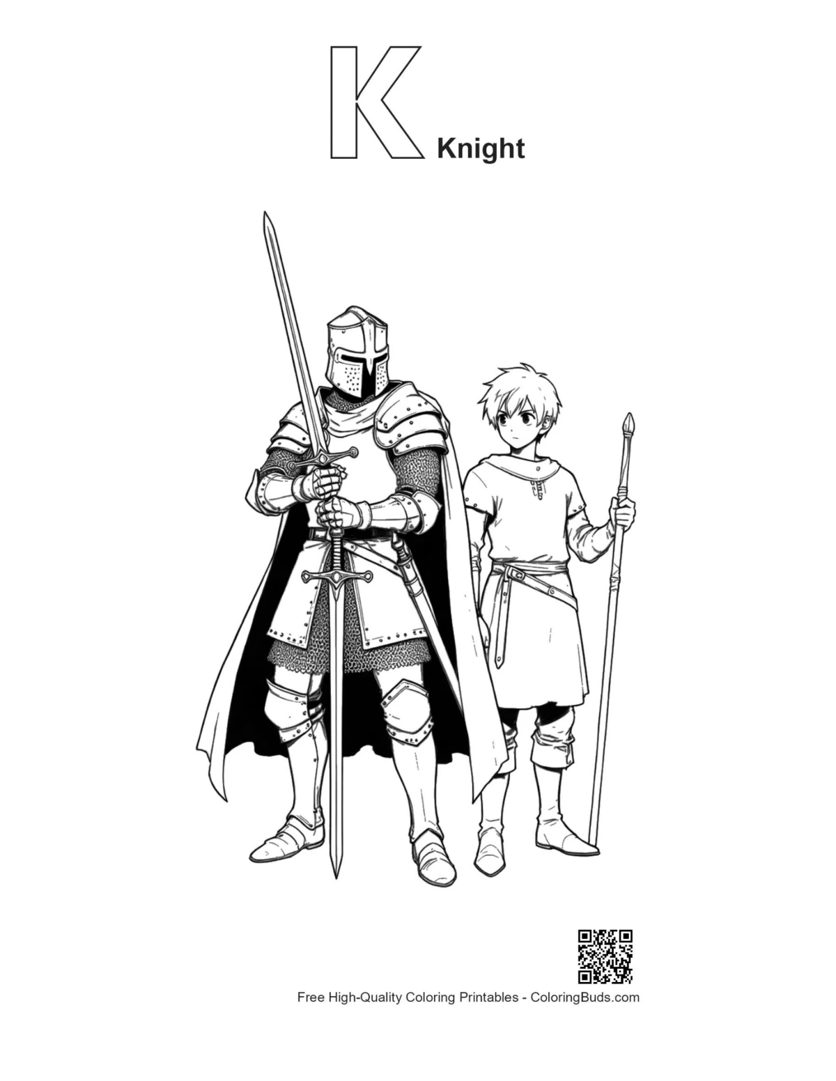 Knight squire coloring page with alphabet K