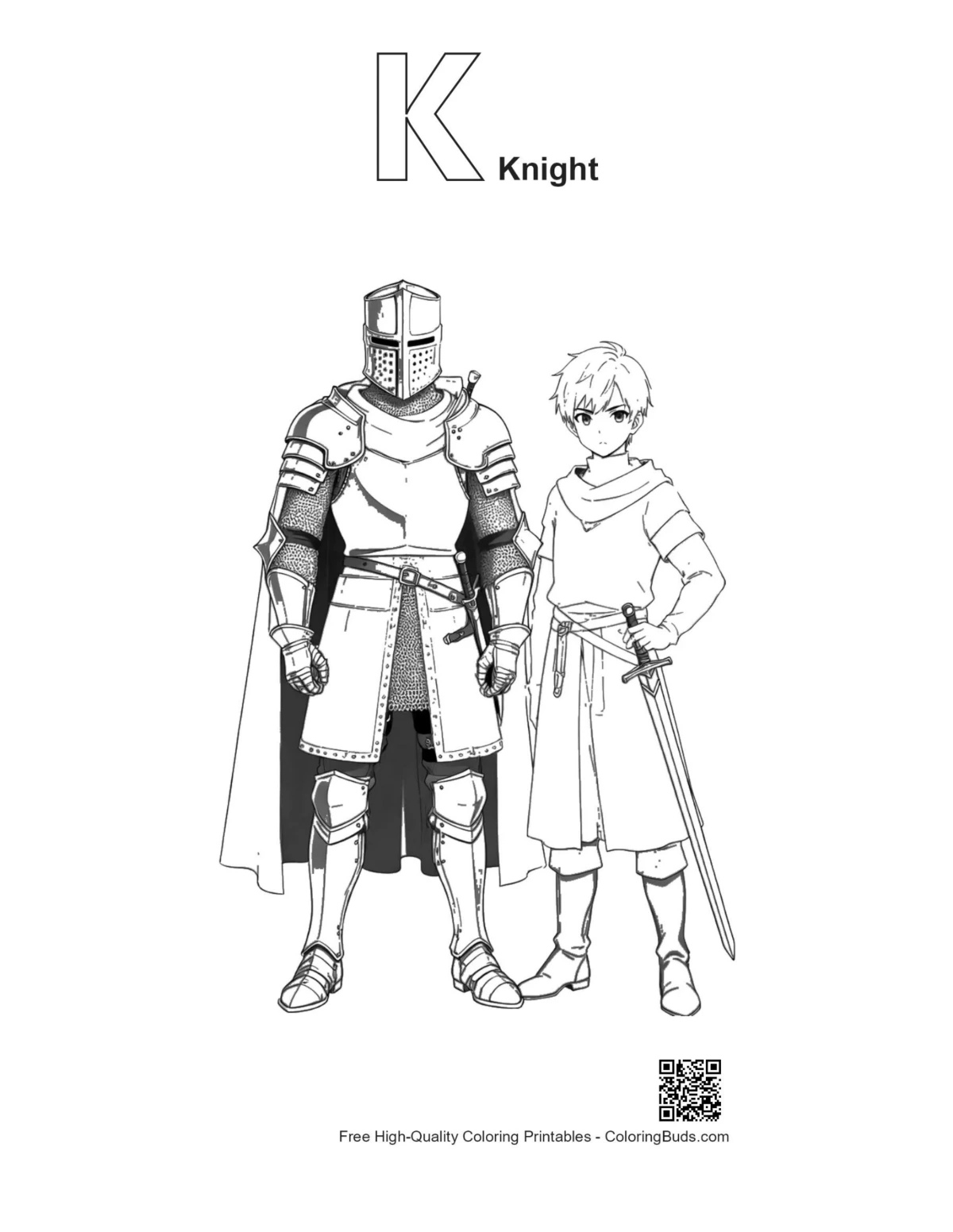 Outline of medieval knight squire with letter K