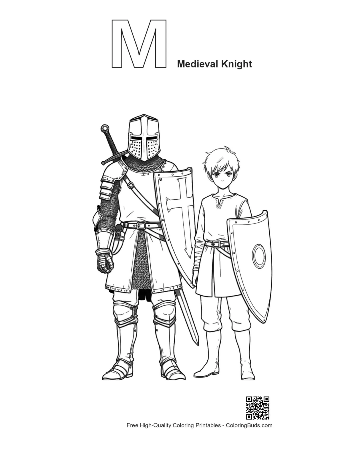 Outline coloring page with medieval knight alphabet M