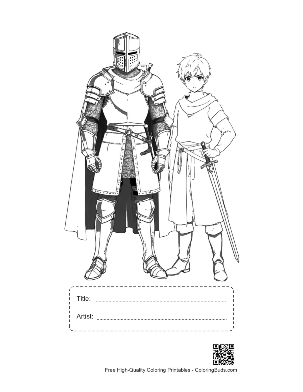 Printable medieval knight and squire with title box