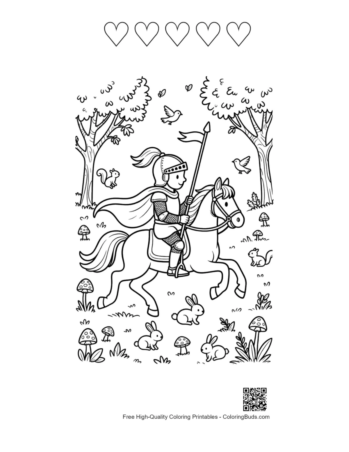Medieval knight printable with heart outlines