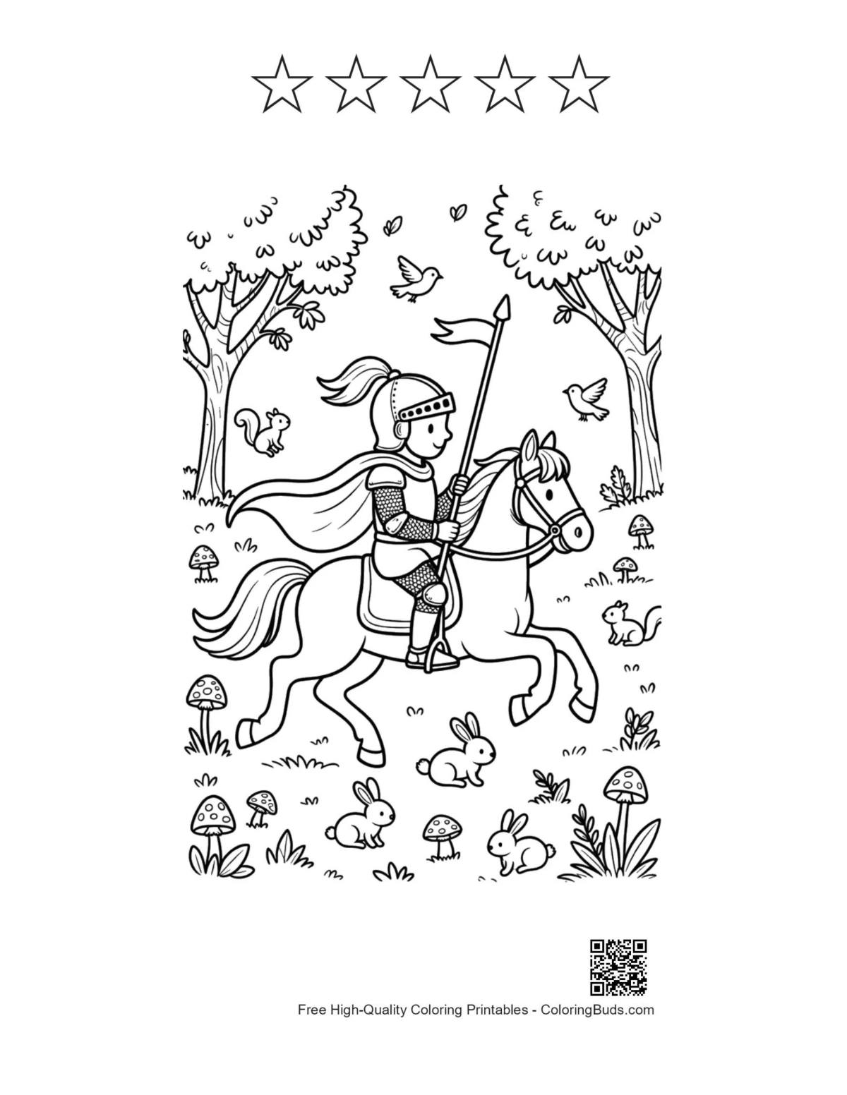 Knight on horse printable with 5 stars outline