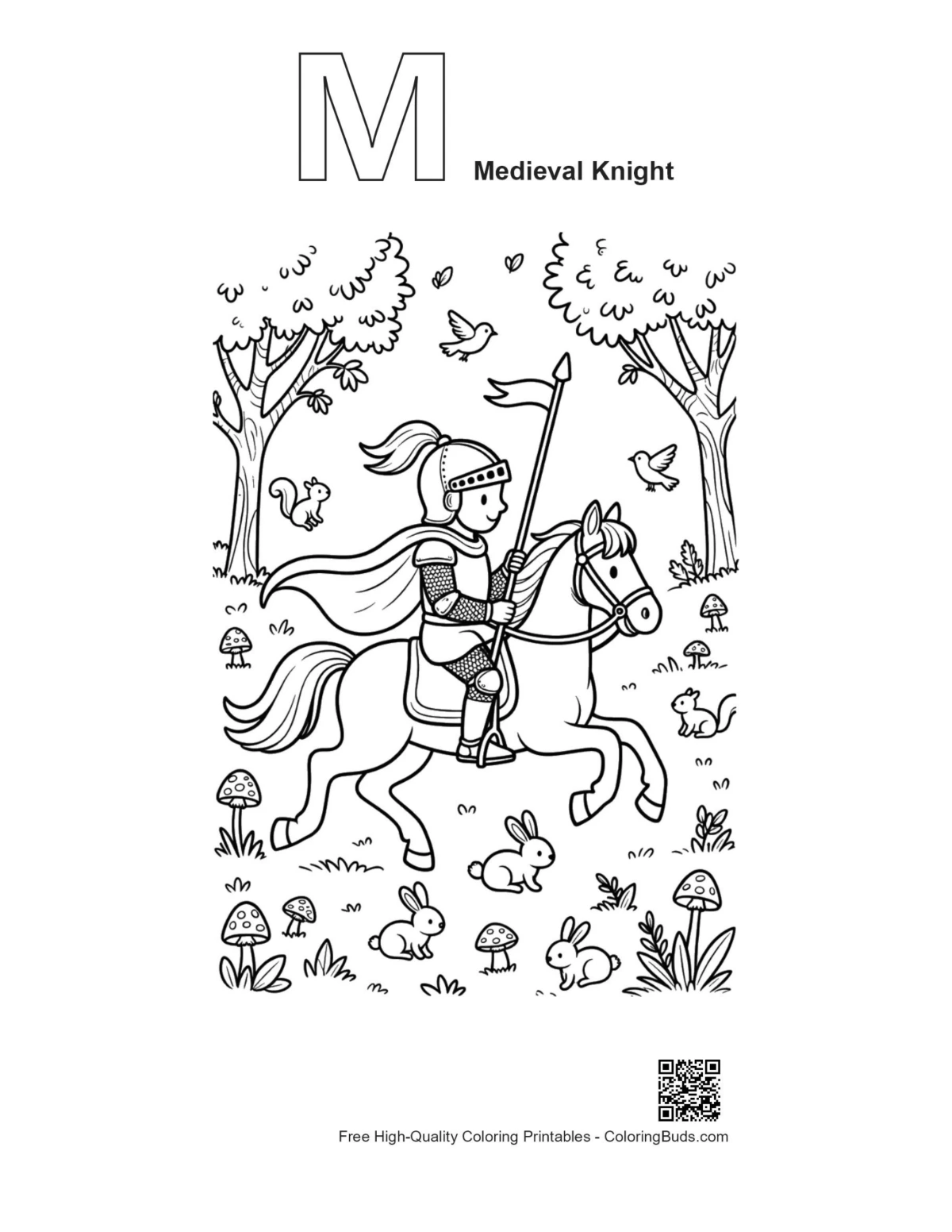 Knight horseback coloring page with M outline