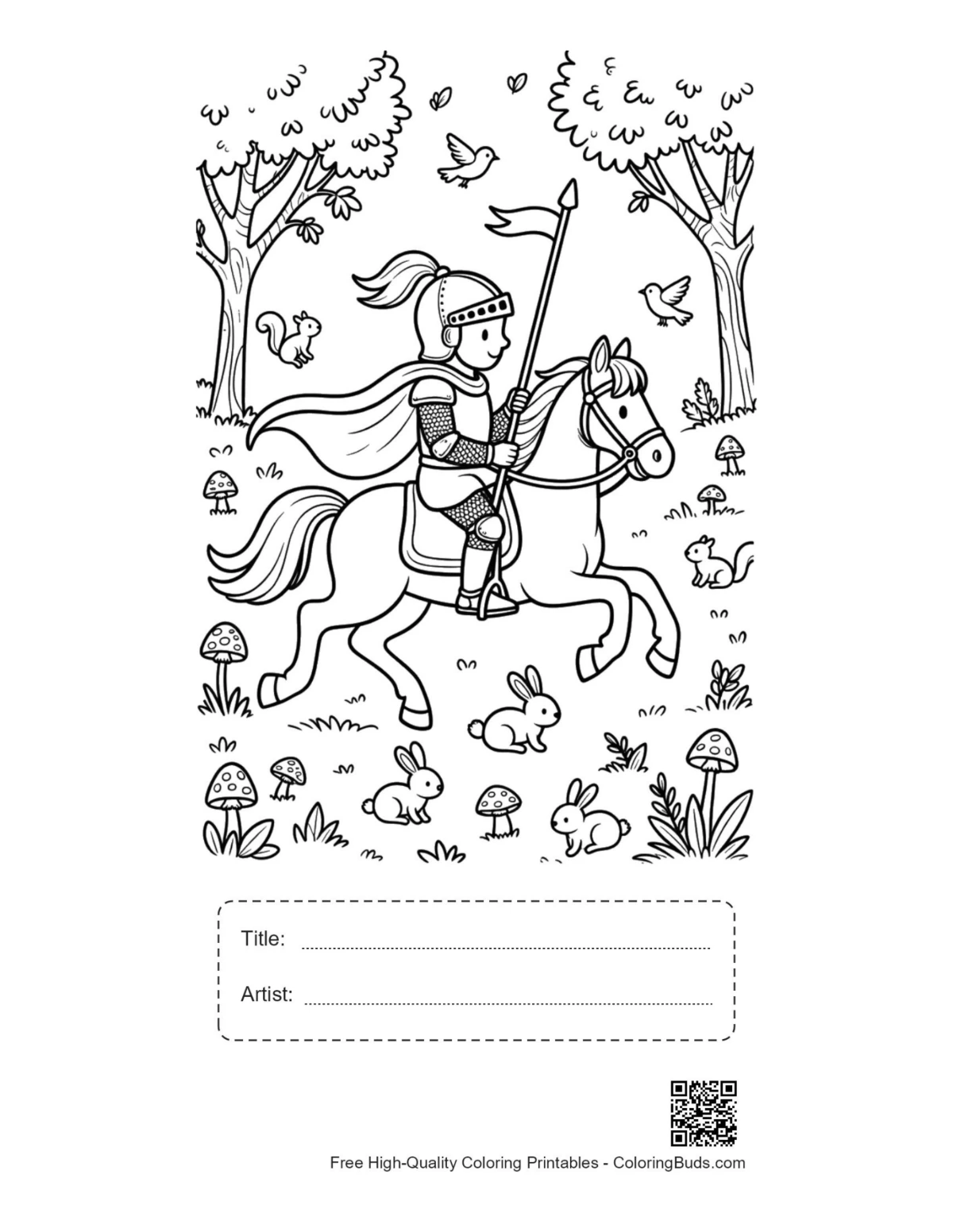 Medieval knight horseback printable with title box