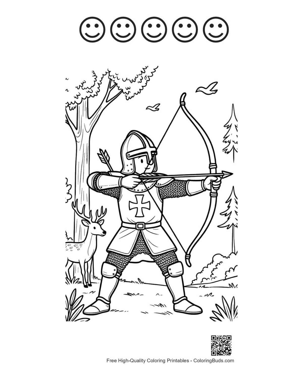 5 happy faces medieval knight coloring printable