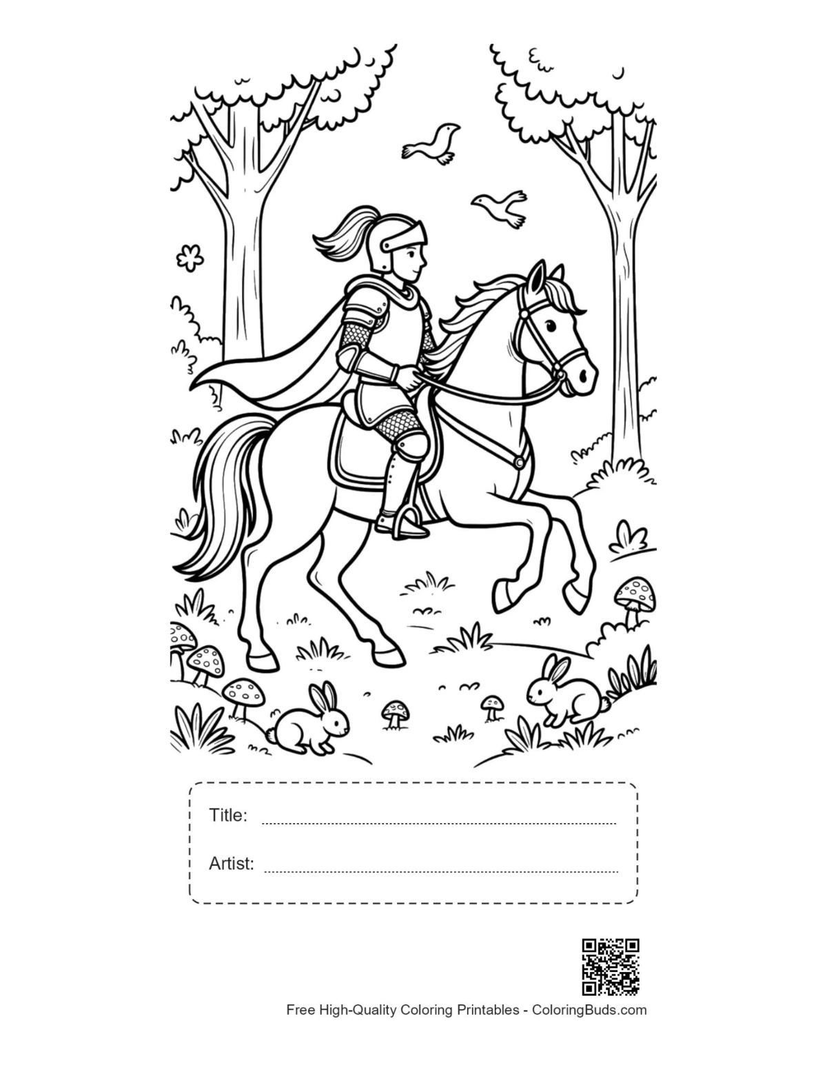Medieval knight printable sheet with title space and artist box
