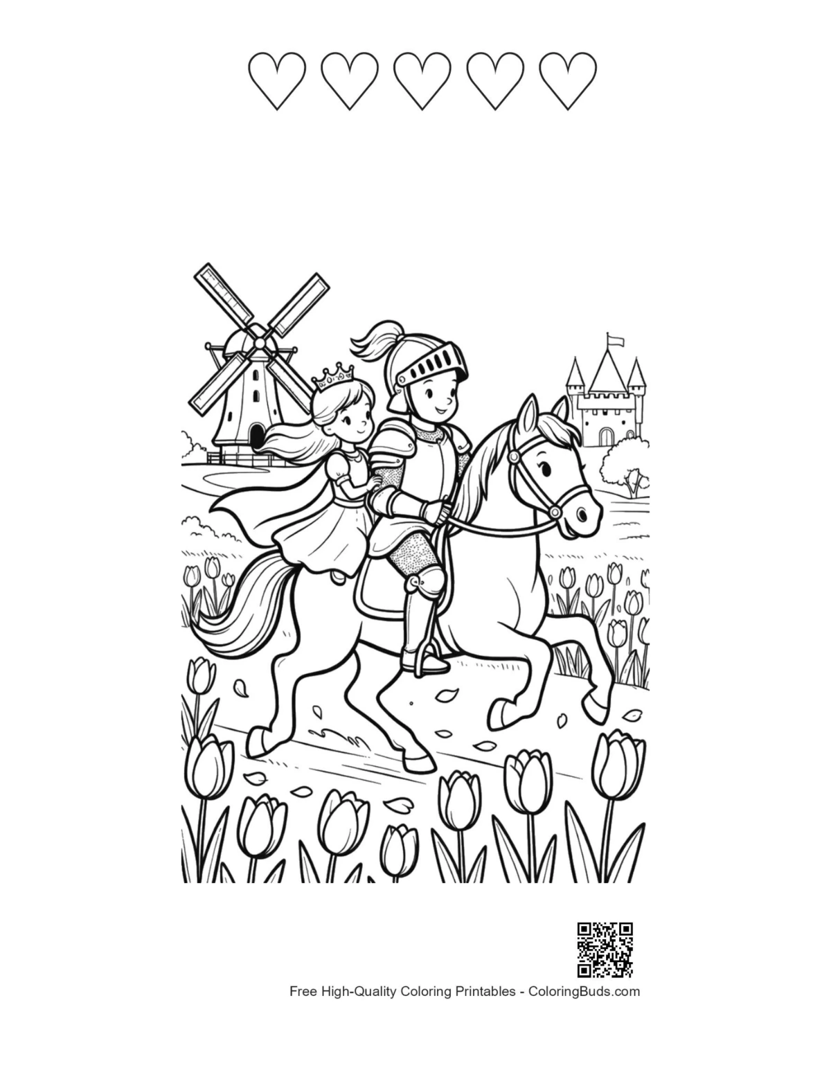 Noble knight horse flower field 5 heart outlines coloring