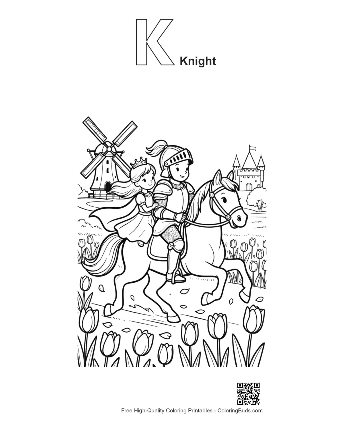Alphabet K knight outline with noble horse flower field