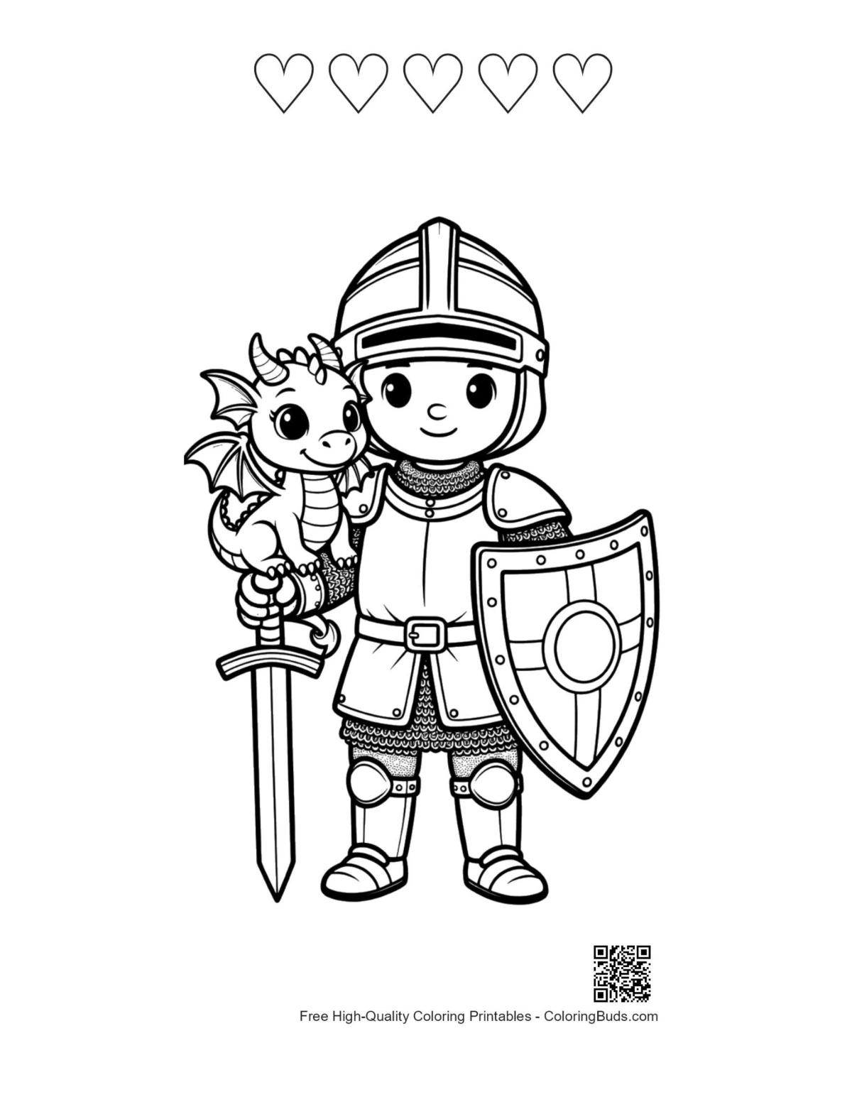 Knight dragon printable featuring 5 heart outlines