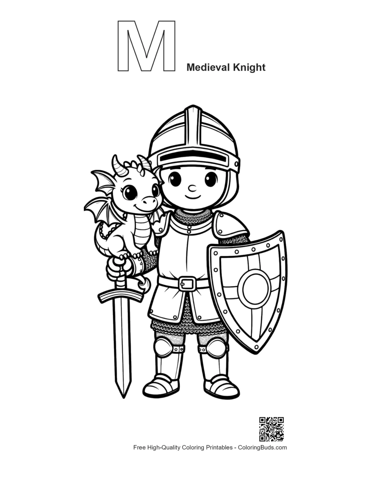 Knight dragon outline with M alphabet medieval printable