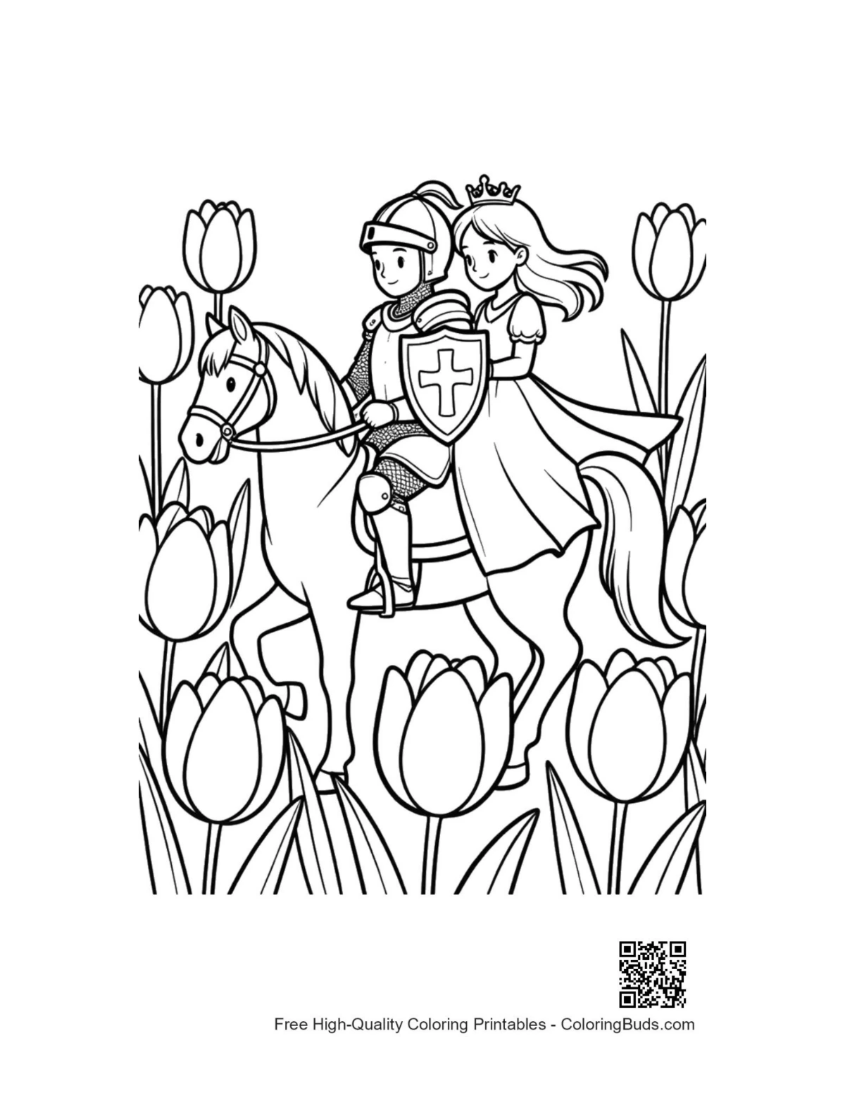 Romantic knight princess stallion flowers Medieval Knight coloring