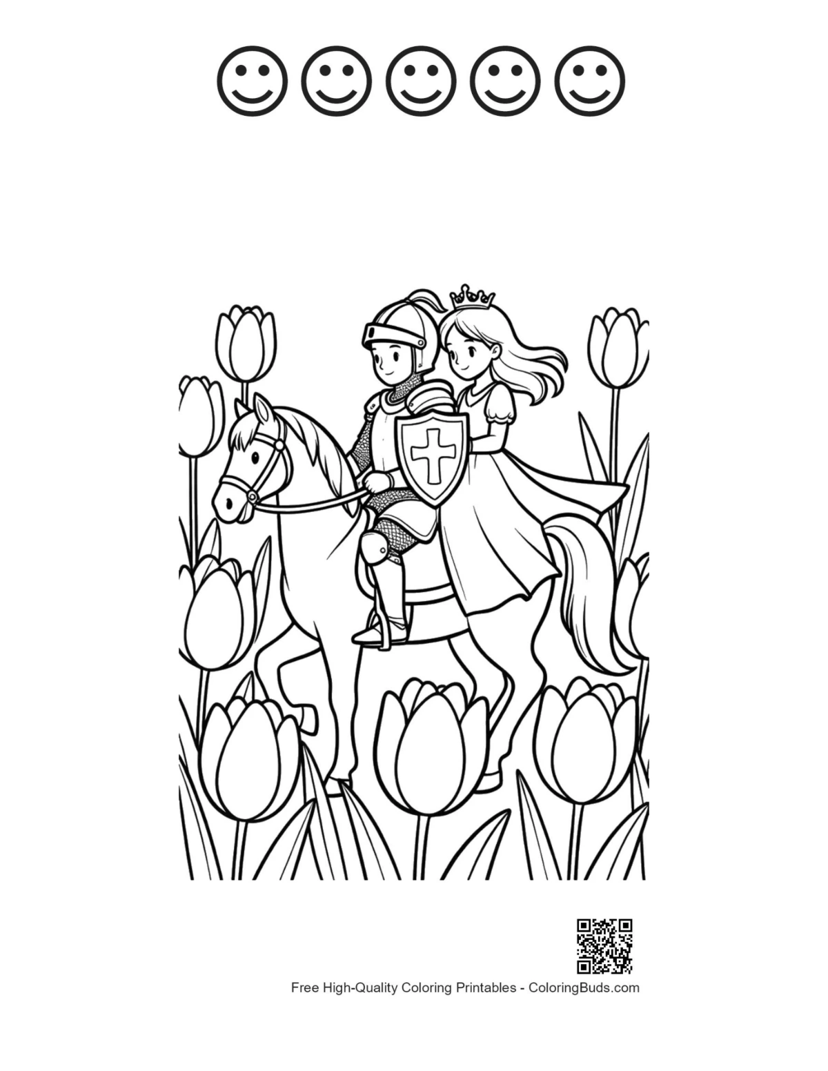 Romantic knight printable with 5 happy faces stallion flowers