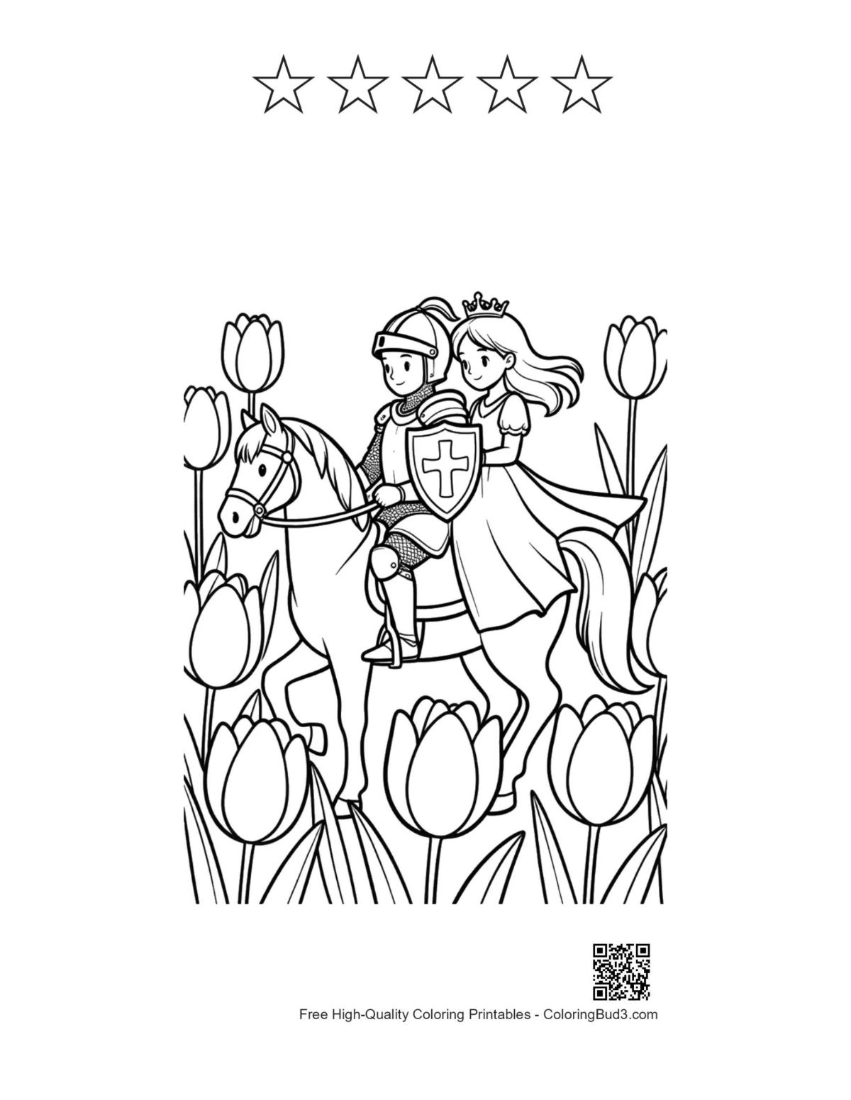 Knight princess stallion flowers with 5-star outline printable