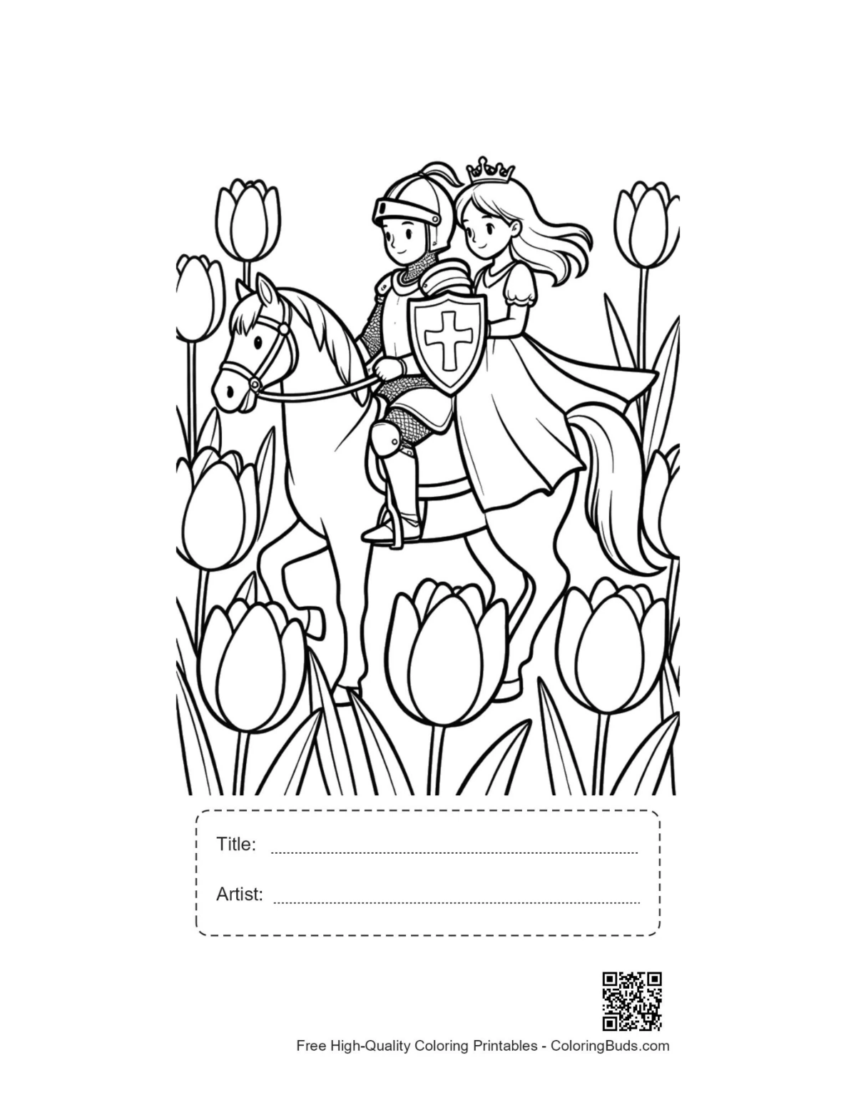 Romantic knight princess stallion flowers printable with title box